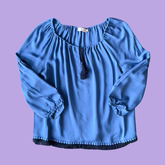 Tory Burch blue silk long sleeve fringe Slyvie blouse peasant top medium - Picture 16 of 16